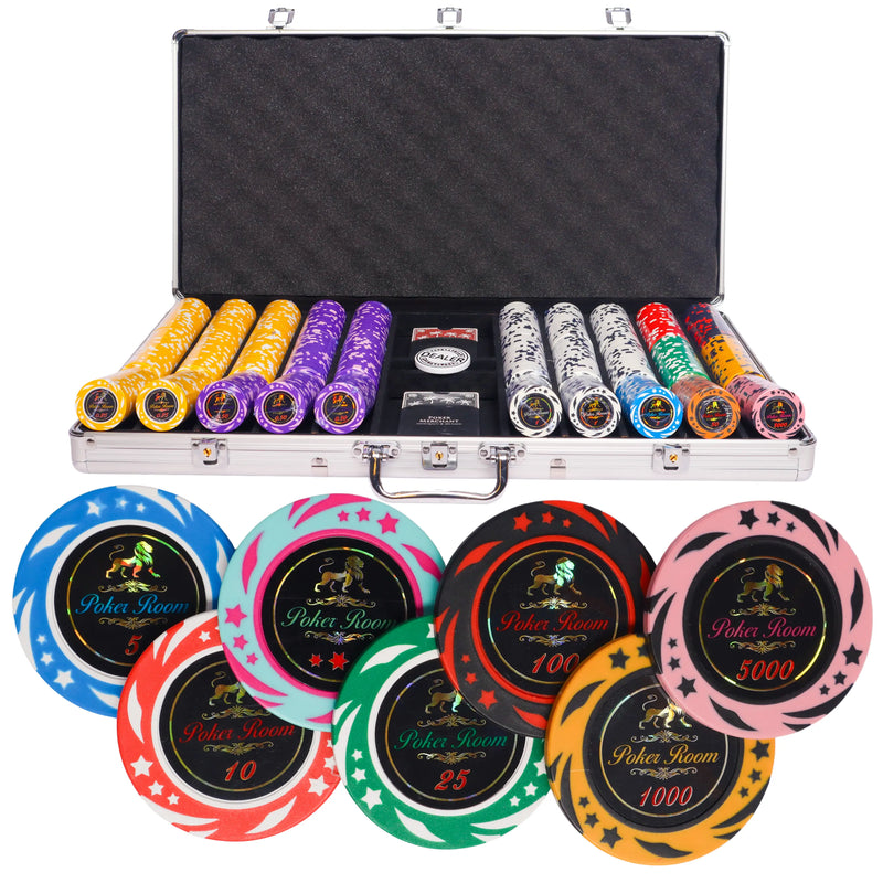 Lion poker room 750 poker set,  poker chips, poker cards, dealer button and poker case