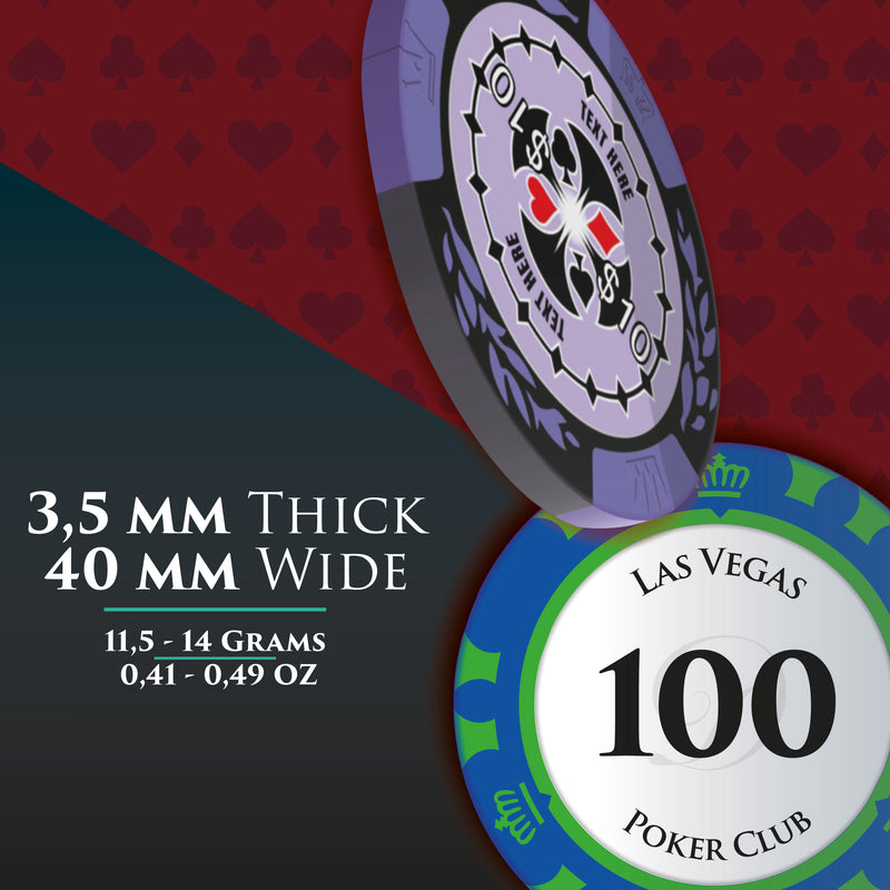 (3,5mm Thick, 40mm Wide. 11,5 - 14 Grams/ 041 - 0,49 OZ) Pair of our clay- comosite poker chips