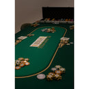 texas hold'em green gold poker mat with monte caro poker chips and poker cards on top of it
