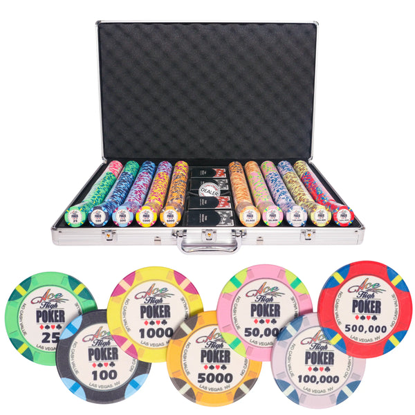 WSOP 1000 poker set, colorful poker chips, poker cards, dealer button and poker case