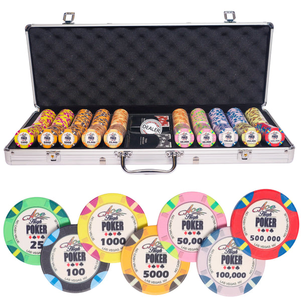 WSOP 500 poker set, colorful poker chips, poker cards, dealer button and poker case