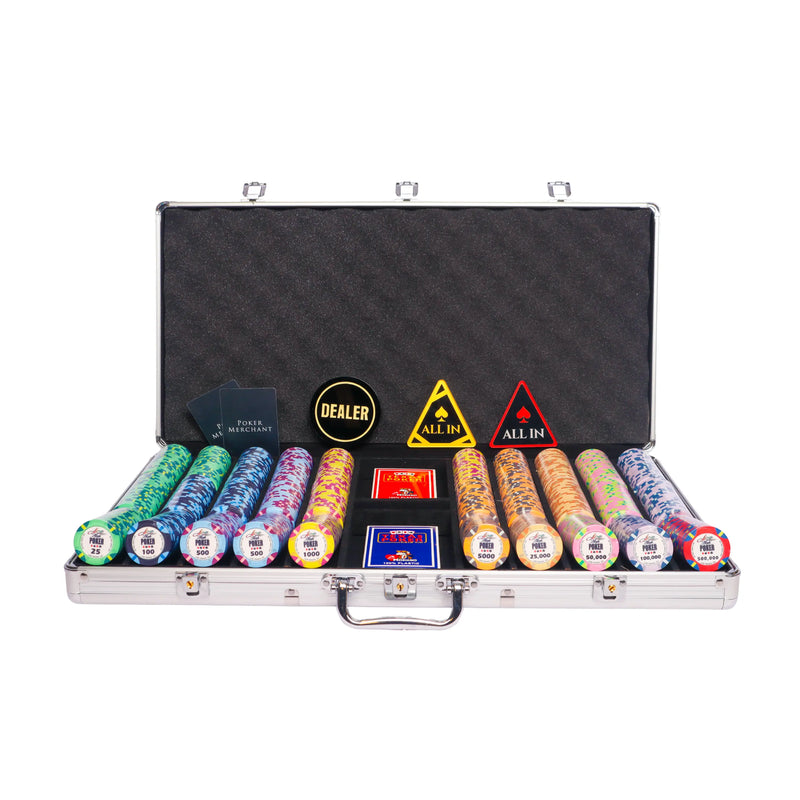 WSOP 750 poker set, colorful poker chips, Poker cards, Dealer button and Poker case