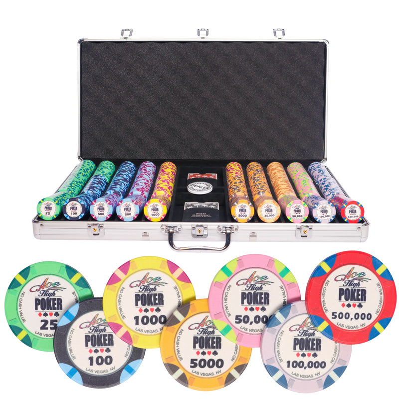 WSOP 750 poker set, colorful poker chips, poker cards, dealer button and poker case