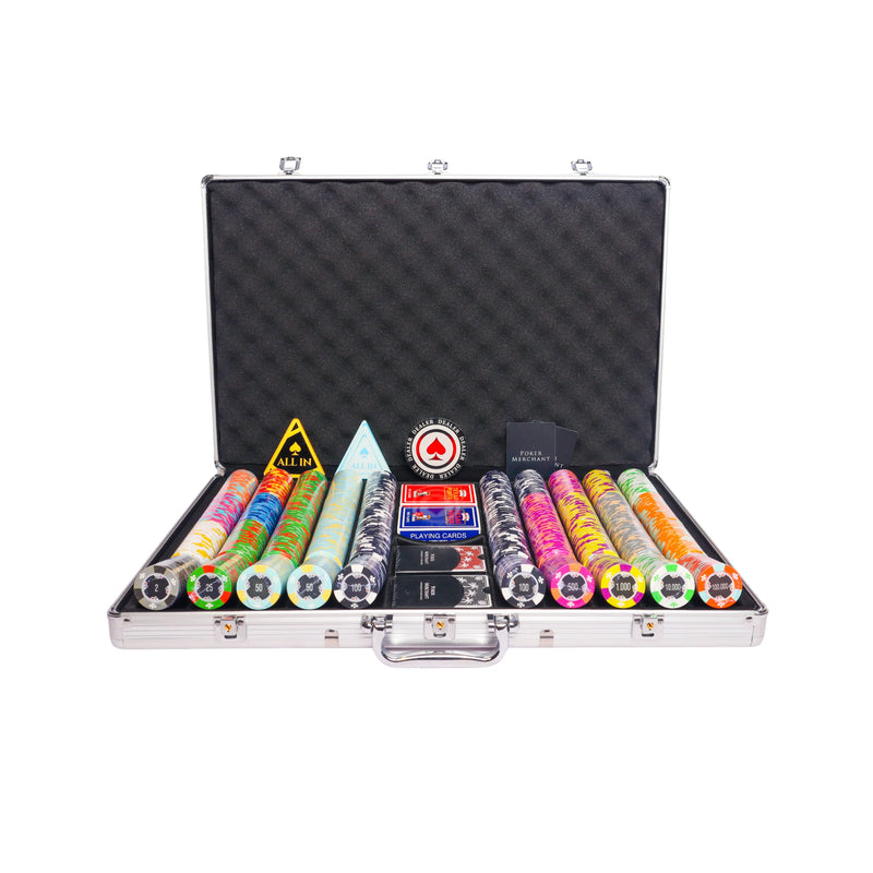 aces 1000 poker set, colorful poker chips, Poker cards, Dealer button and Poker case