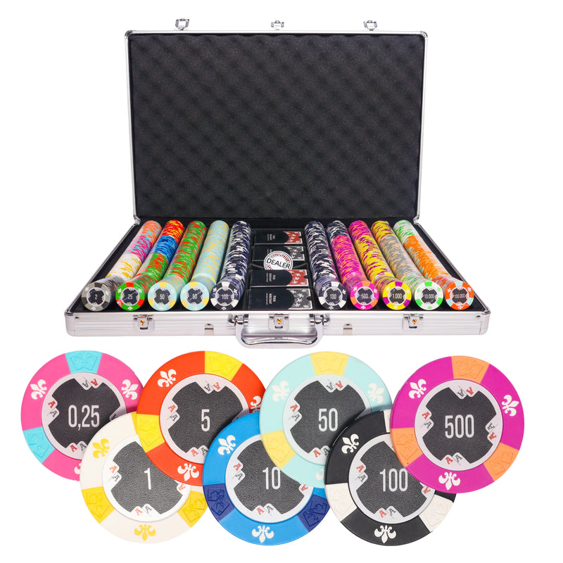 aces 1000 poker set, colorful poker chips, poker cards, dealer button and poker case