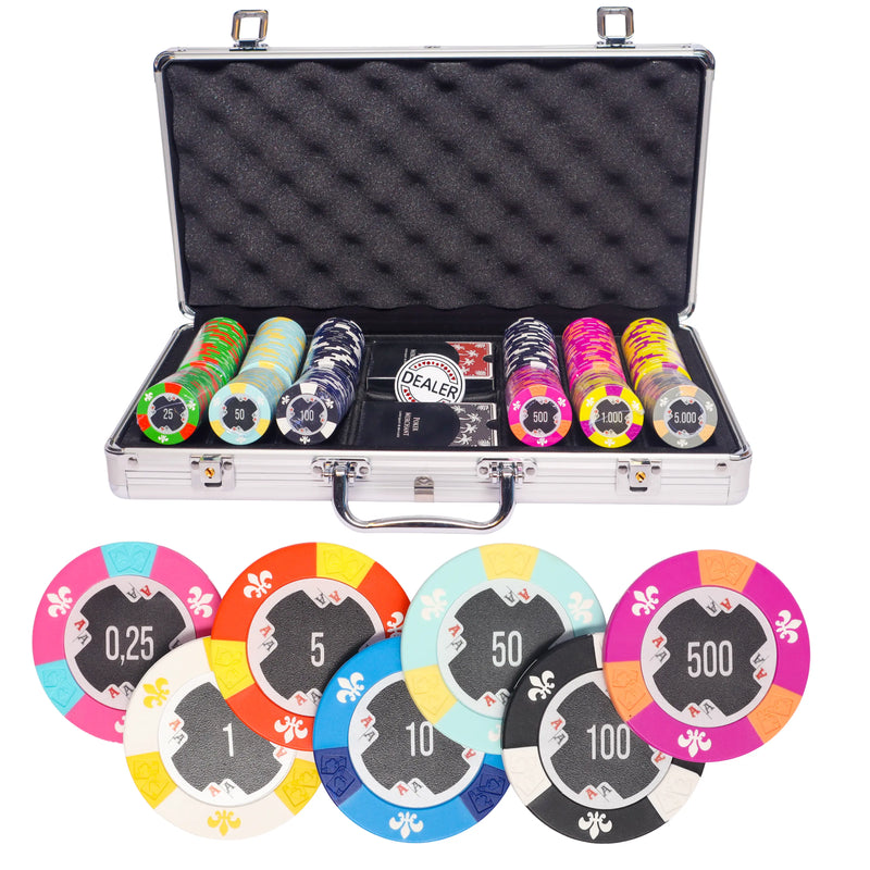 aces 300 poker set, colorful poker chips, poker cards, dealer button and poker case