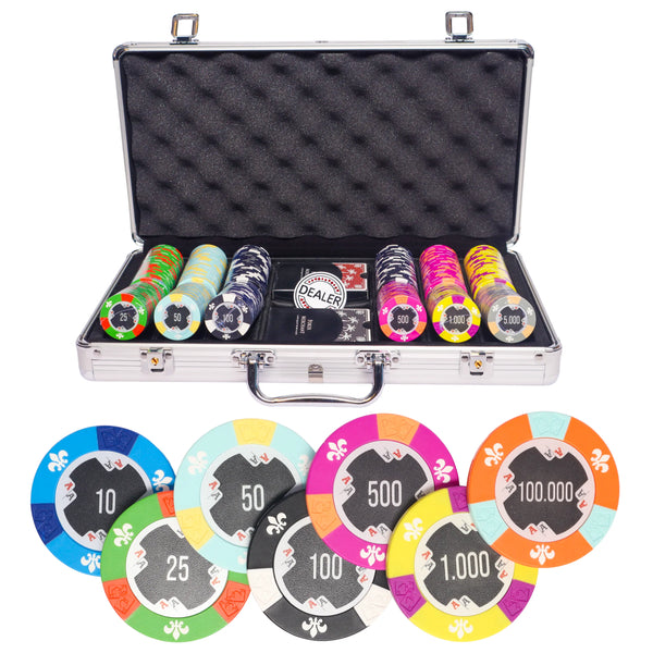 aces 300 poker set, colorful poker chips, poker cards, dealer button and poker case