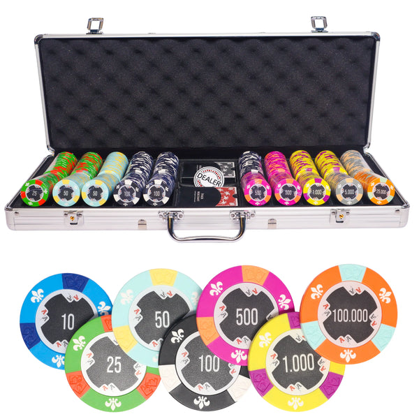 aces 500 poker set, colorful poker chips, poker cards, dealer button and poker case