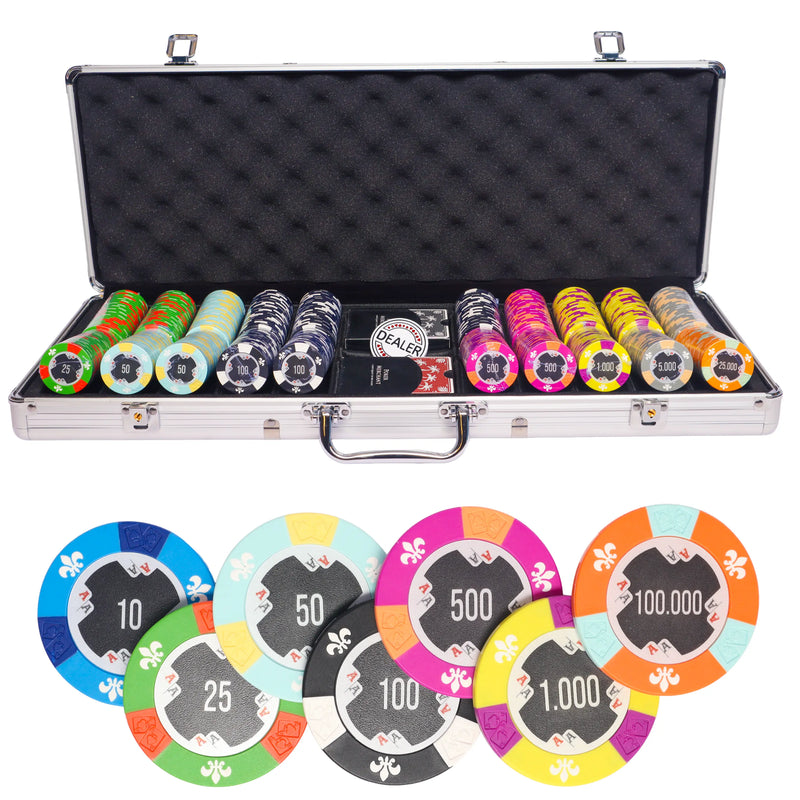 aces 500 poker set, colorful poker chips, poker cards, dealer button and poker case