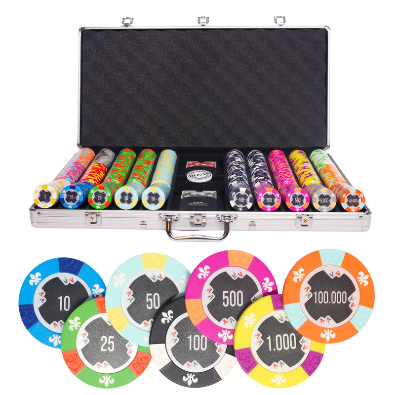 aces 750 poker set, colorful poker chips, poker cards, dealer button and poker case