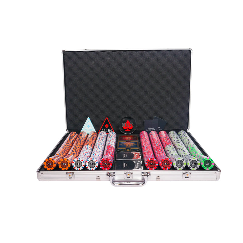 Banks 1000 poker set, colorful poker chips, Poker cards, Dealer button and Poker case