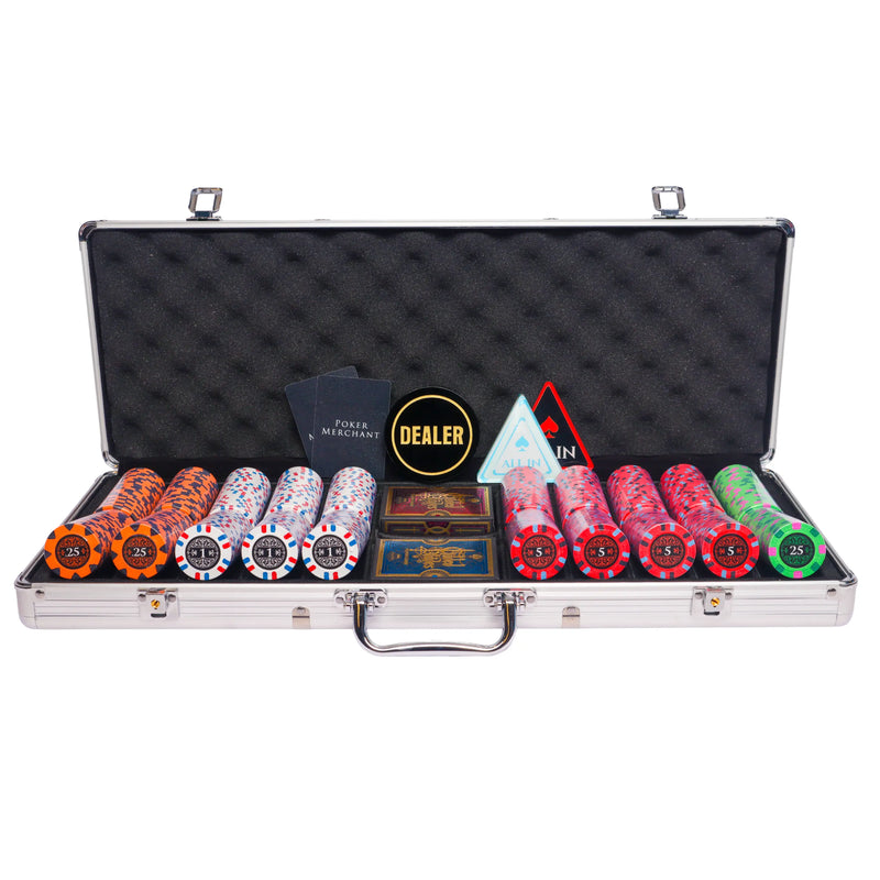 banks 500 poker set, colorful poker chips, Poker cards, Dealer button and Poker case