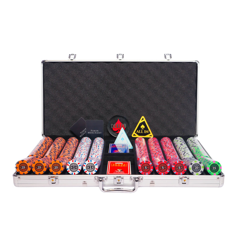 banks 750 poker set, colorful poker chips, Poker cards, Dealer button and Poker case