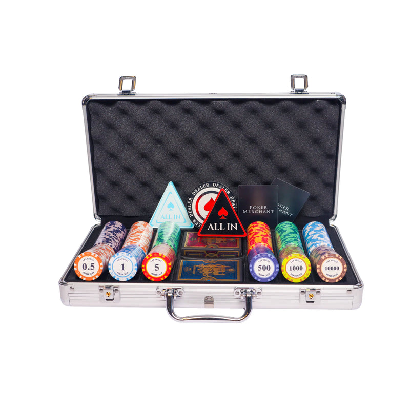ceramic las vegas 300 colorful poker chip set, case, dealer button, cards