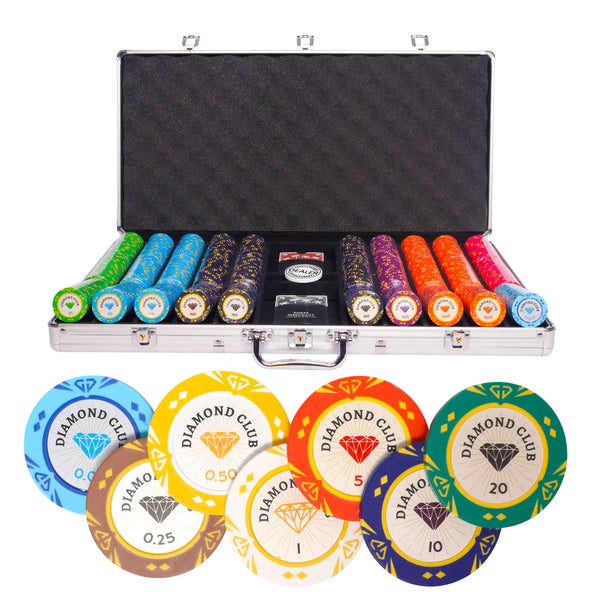 diamond club 750 poker set cash game,  poker chips, poker cards, dealer button and poker case