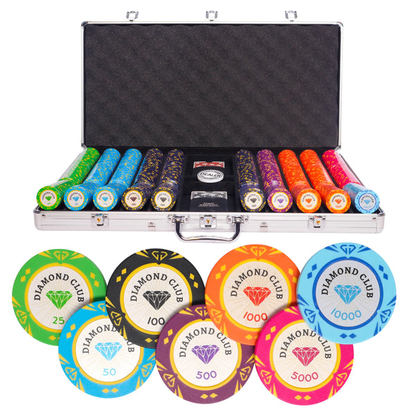 diamond club 750 poker set tournament, poker chips, poker cards, dealer button and poker case