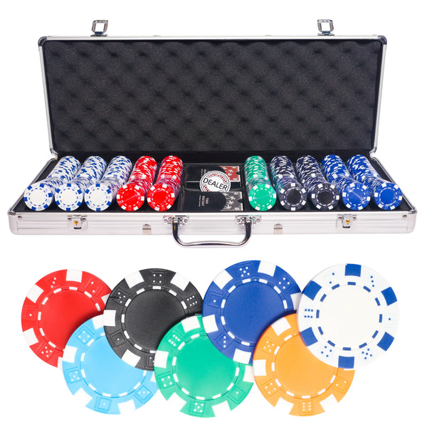 dice 500 poker set, colorful poker chips, poker cards, dealer button and poker case