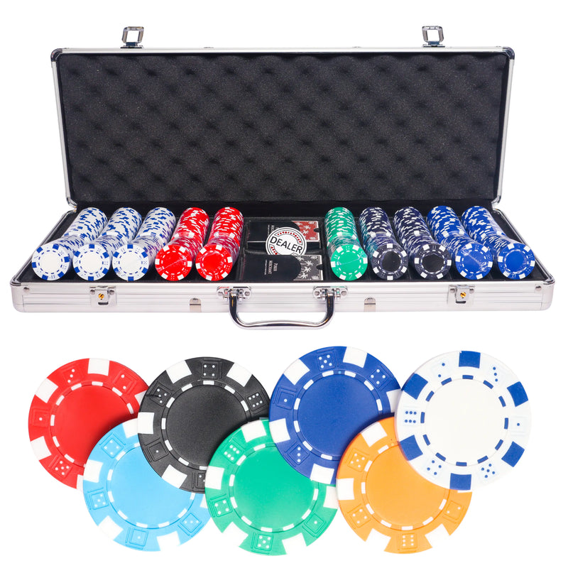 dice 500 poker set, colorful poker chips, poker cards, dealer button and poker case