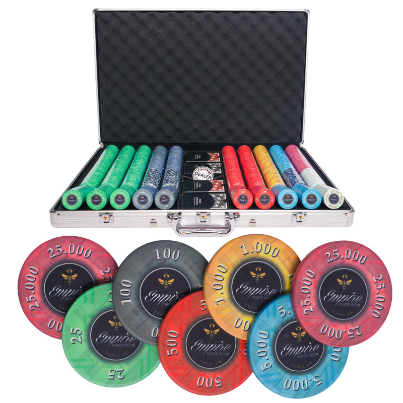 empire 1000 poker set, poker chips, poker cards, dealer button and poker case