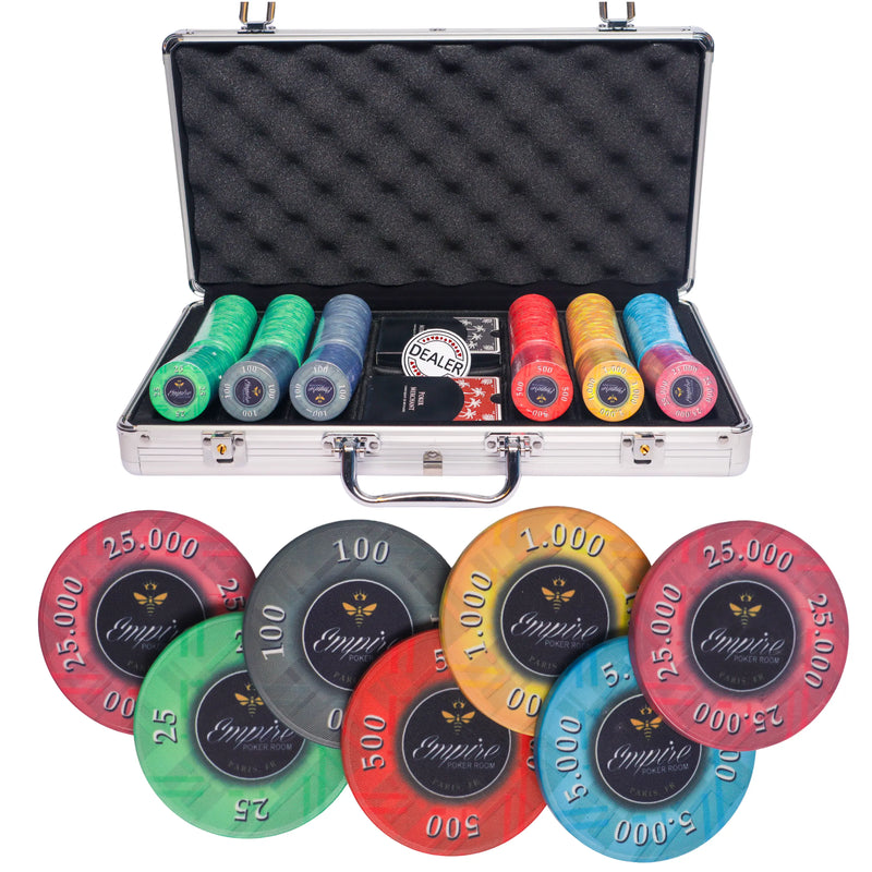 empire 300 poker set, poker chips, poker cards, dealer button and poker case