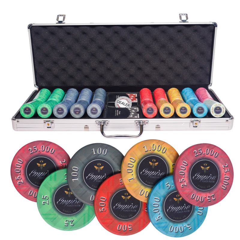 empire 500 poker set, poker chips, poker cards, dealer button and poker case