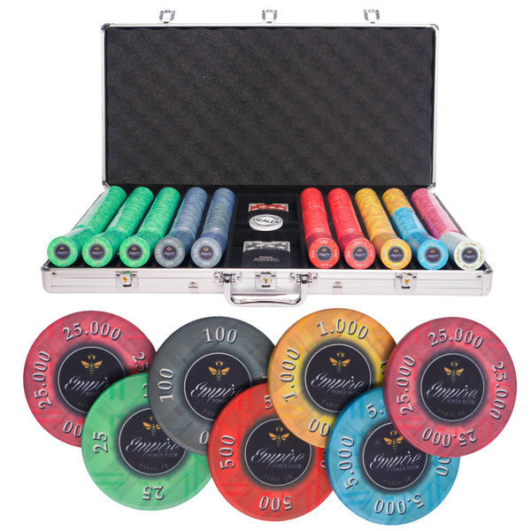 empire 750 poker set, poker chips, poker cards, dealer button and poker case