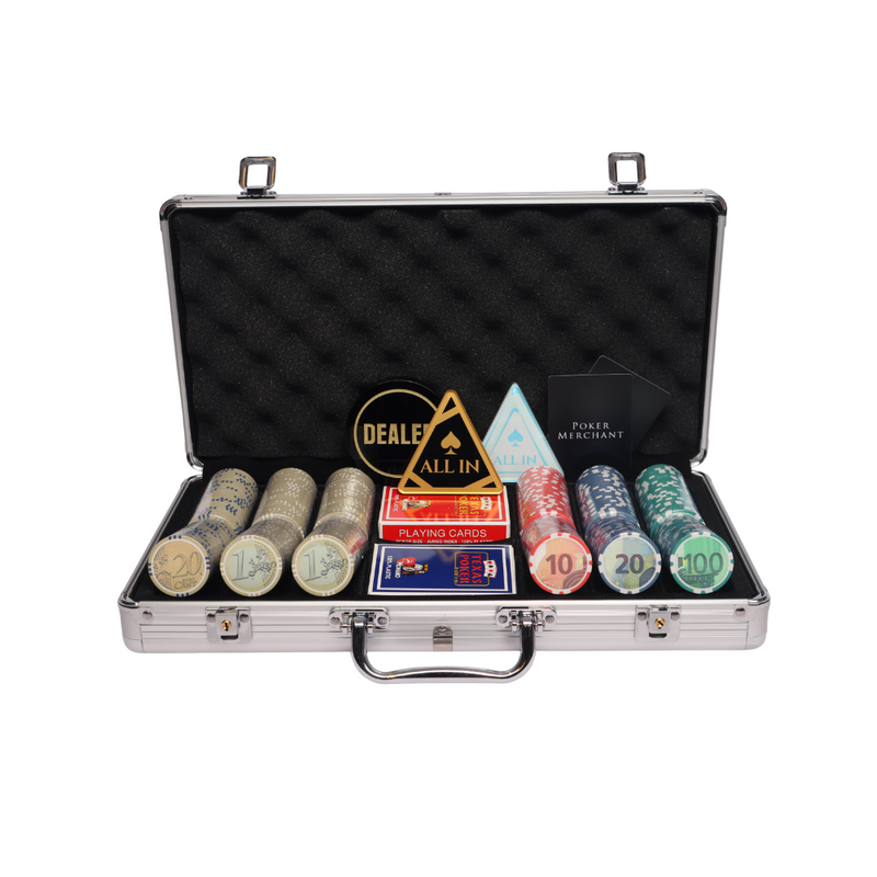 euro poker set 500 chips poker set,  colorful poker chips, poker cards, dealer button and poker case