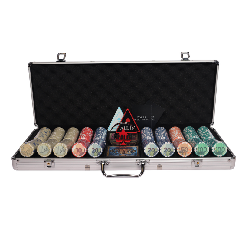 euro poker set 500 chips poker set,  colorful poker chips, poker cards, dealer button and poker case