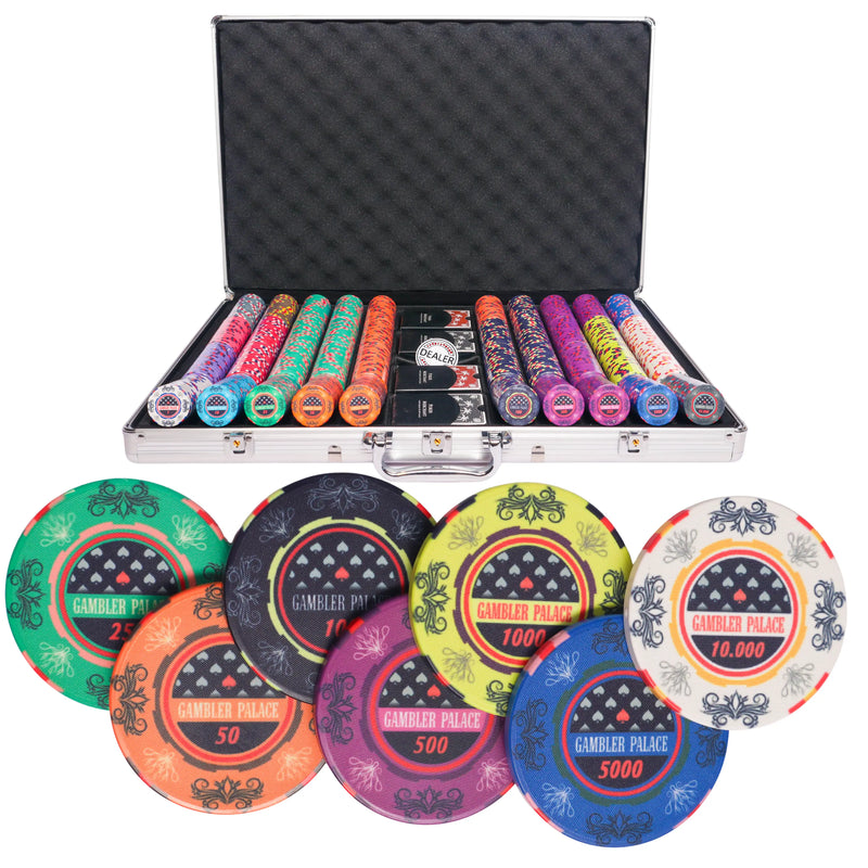 gambler palace 1000 poker set, poker chips, poker cards, dealer button and poker case