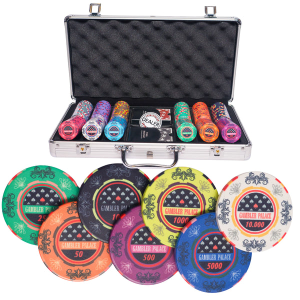 gambler palace 300 poker set, poker chips, poker cards, dealer button and poker case