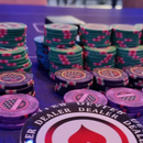 stacks of colorful gambler palace poker chips and a dealer button