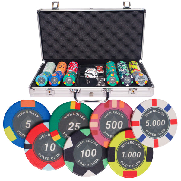 high roller 300 poker set,  poker chips, poker cards, dealer button and poker case