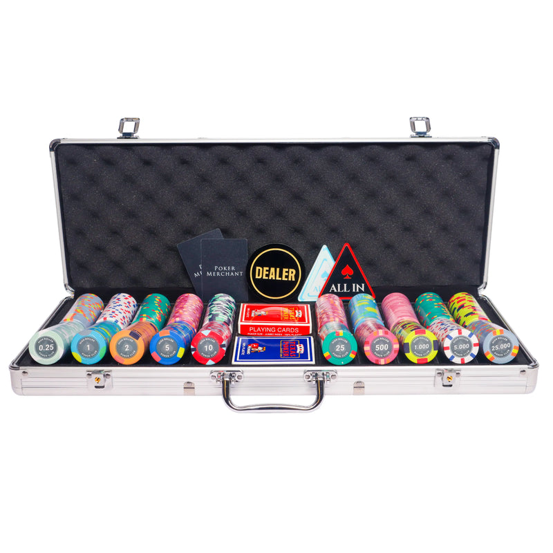 high roller 500 poker set, colorful poker chips, Poker cards, Dealer button and Poker case