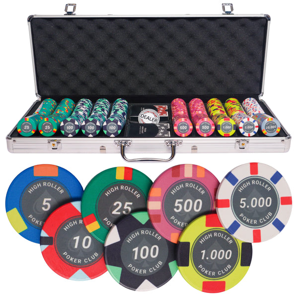 high roller 500 poker set,  poker chips, poker cards, dealer button and poker case