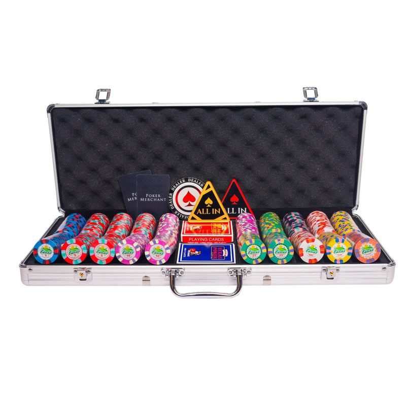 jokes casino 500 poker set, colorful poker chips, Poker cards, Dealer button and Poker case