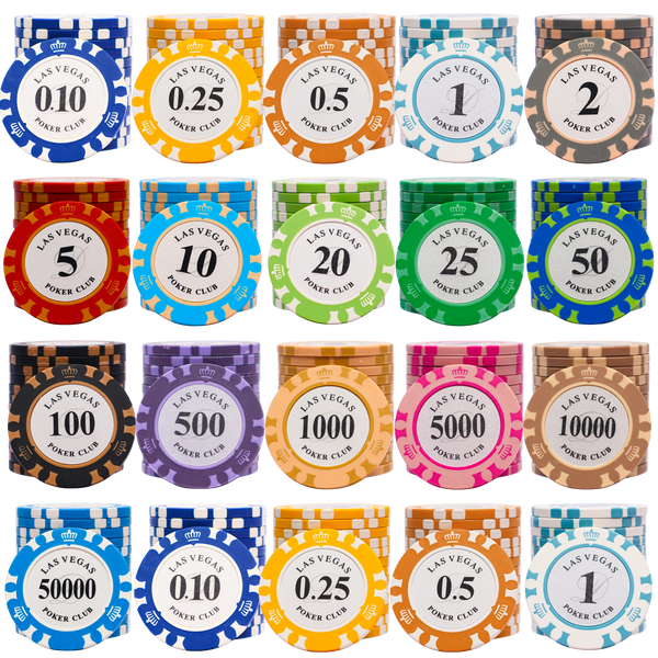Set of colorful poker chips with Las Vegas Poker Club branding.