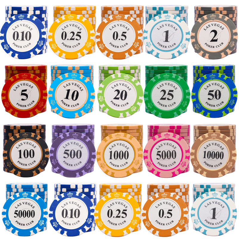 Set of colorful poker chips with Las Vegas Poker Club branding.