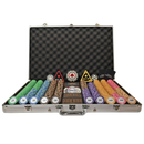 An open silver aluminum carrying case filled with a poker chip set. The chips are organized in rows and come in multiple colors including green, blue, brown, purple, orange, and pink, with various denomination stickers and decorative emblems.