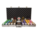 A poker chip set displayed inside an open silver aluminum carrying case with a black foam-lined lid. The set includes multiple stacks of chips in green, blue, leopard-print, purple, yellow, pink, and black, along with a dealer marker and small cards, photographed on a plain white background.