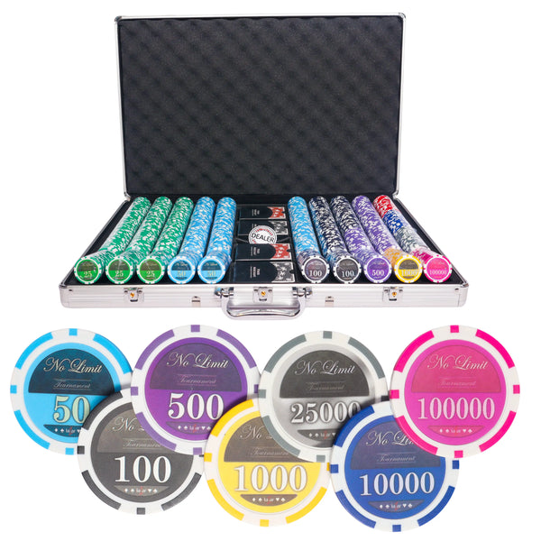 lazar no limit 1000 poker set, poker chips, poker cards, dealer button and poker case