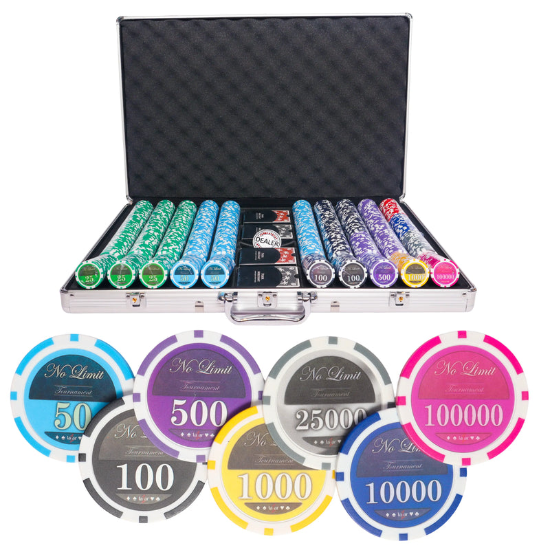 lazar no limit 1000 poker set, poker chips, poker cards, dealer button and poker case