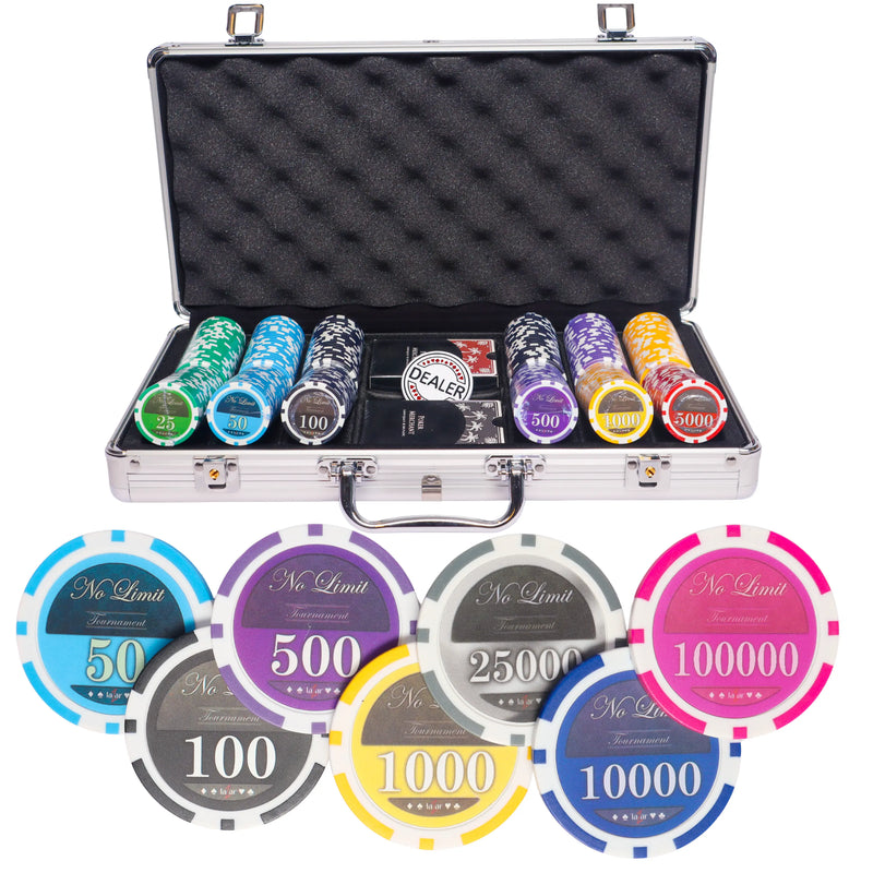 lazar no limit 300 poker set, poker chips, poker cards, dealer button and poker case