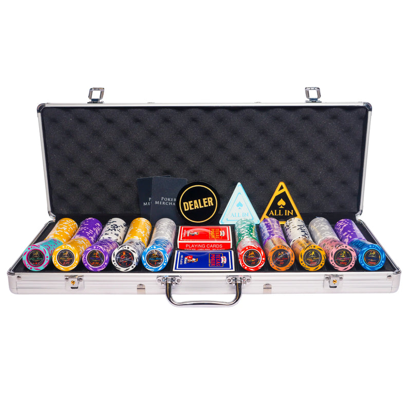 lion poker room 500 poker set, colorful poker chips, Poker cards, Dealer button and Poker case