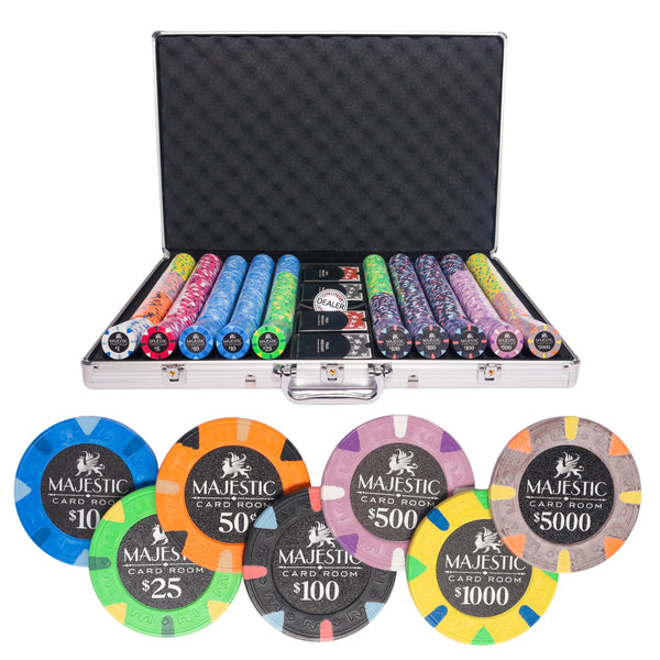 majestic 1000 poker set, colorful poker chips, poker cards, dealer button and poker case