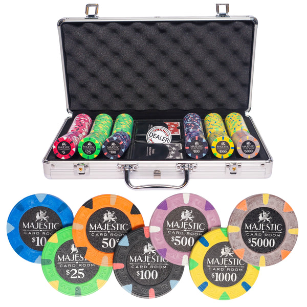 majestic 300 poker set, colorful poker chips, poker cards, dealer button and poker case