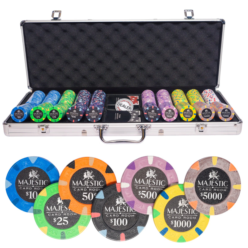 majestic 500 poker set, colorful poker chips, poker cards, dealer button and poker case