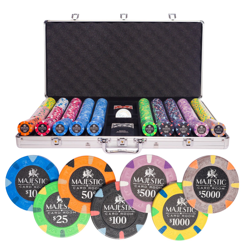 majestic 750 poker set, colorful poker chips, poker cards, dealer button and poker case