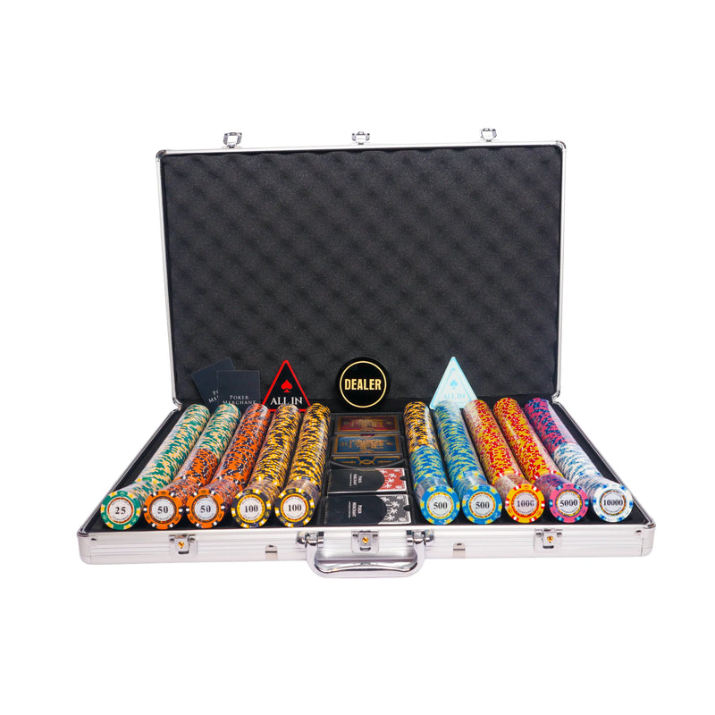 monte carlo 1000 poker set, colorful poker chips, Poker cards, Dealer button and Poker case