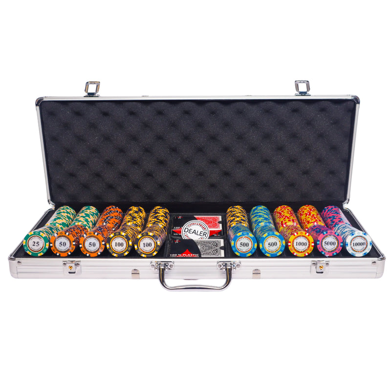 monte carlo 500 poker set,  colorful poker chips, poker cards, dealer button and poker case