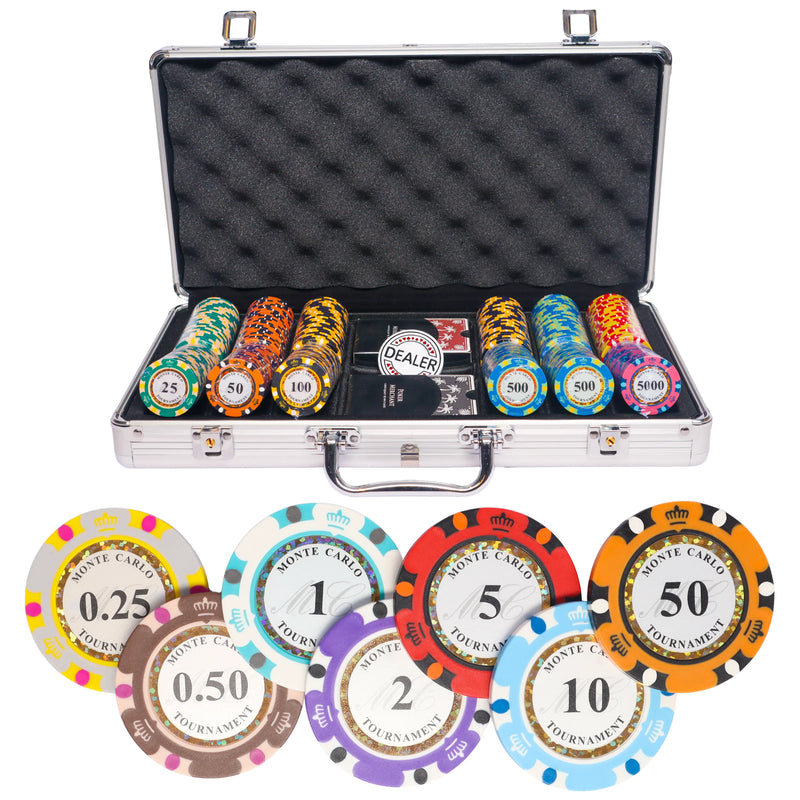 monte carlo cash game 300 poker set, colorful poker chips, poker cards, dealer button and poker case